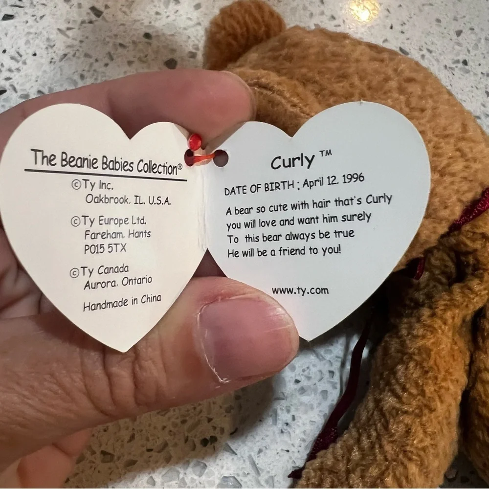 Ty “Curly” Brown Teddy Bear Beanir Babie Plush Toy W/Tag